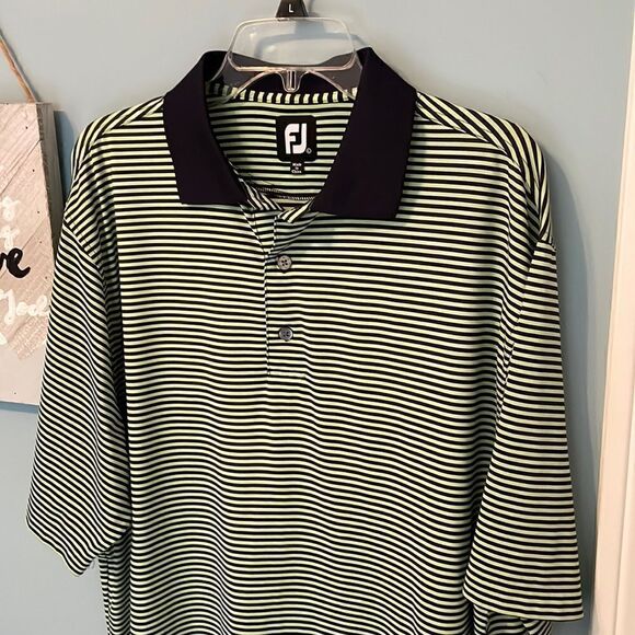 FootJoy FJ Green Navy Striped Golf Polo Shirt 88% Polyester 12% Spandex - L - Picture 1 of 7